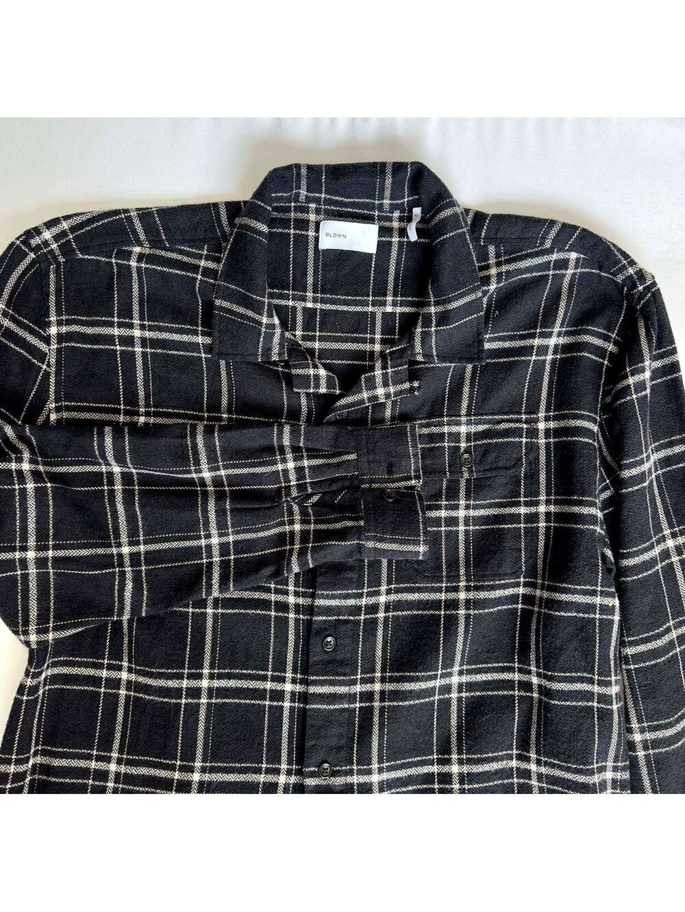 BLDWN Baldwin Mens XL Black White Plaid 100% Cotton Flannel Button Up Shirt